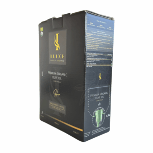 Schwarze Bag-in-Box Verpackung mit Iline Organic Logo und Beschriftung „Premium Organic Olive Oil, Dalia, Robust“, 1,5 Liter Bio-Olivenöl, mit Produkt- und Nährwertangaben