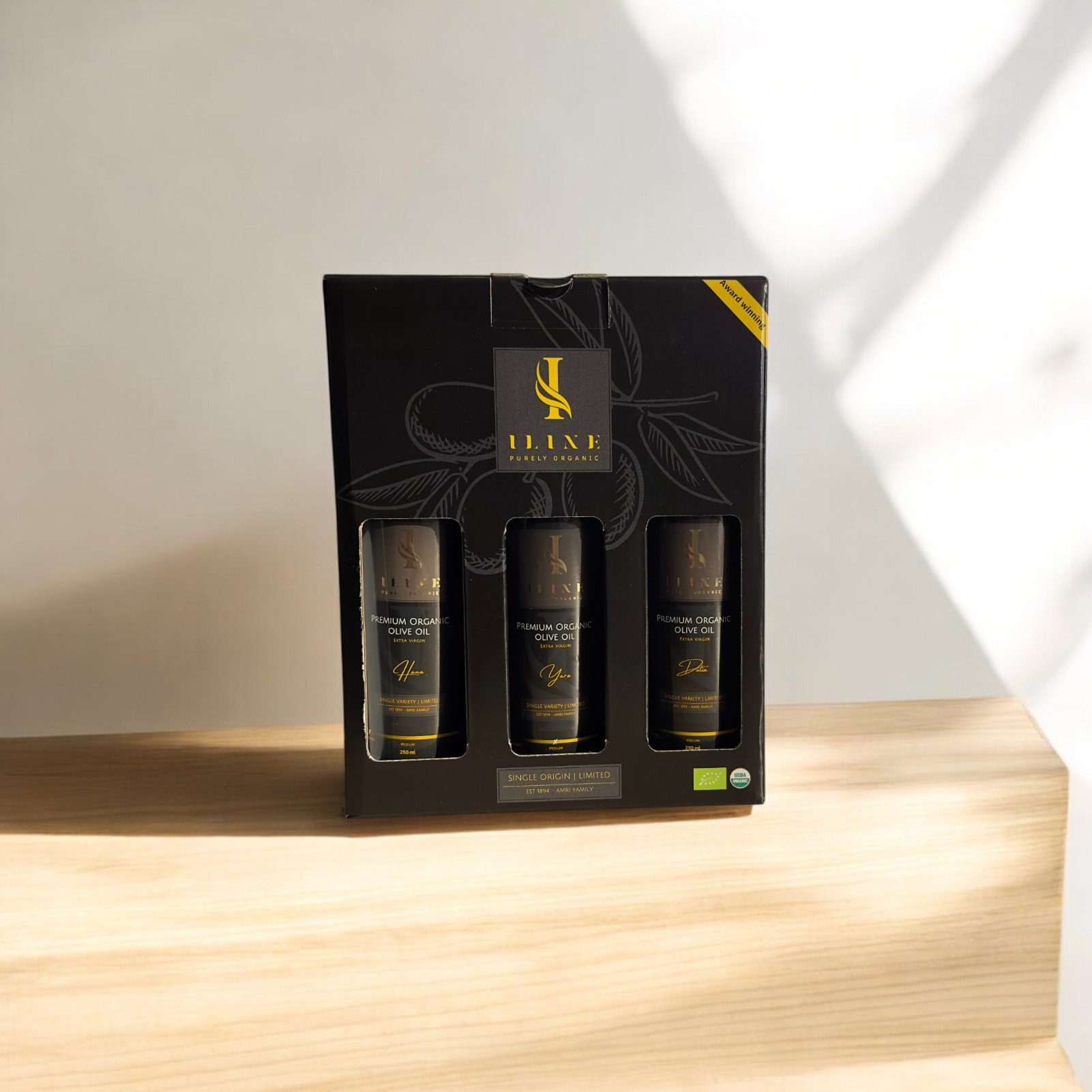 Geschenkset „La Marsa“ – Iline Organic Olivenöl – 3 x 250ml – hochwertiges Bio-Olivenöl im stilvollen Set.