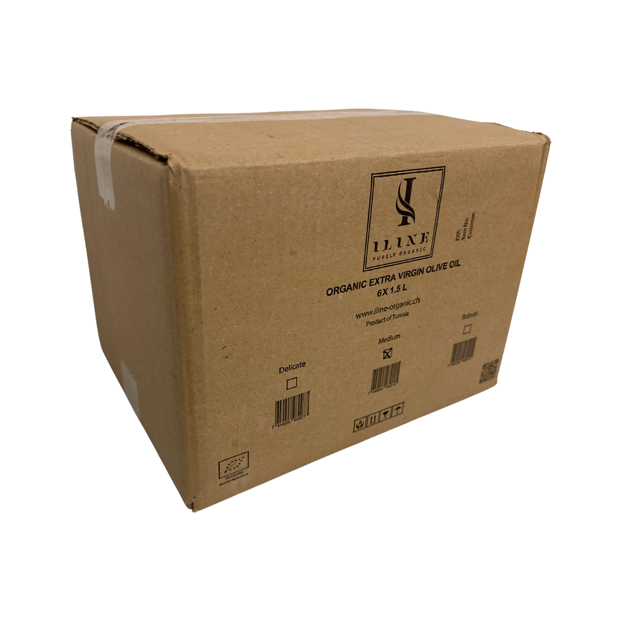 Brauner Karton mit Iline Organic Logo, enthält 6 x 1,5 Liter Bio-Olivenöl, Sorte „Medium“, mit Barcodes und EU-Bio-Logo, Verpackung für Großhandelslieferungen
