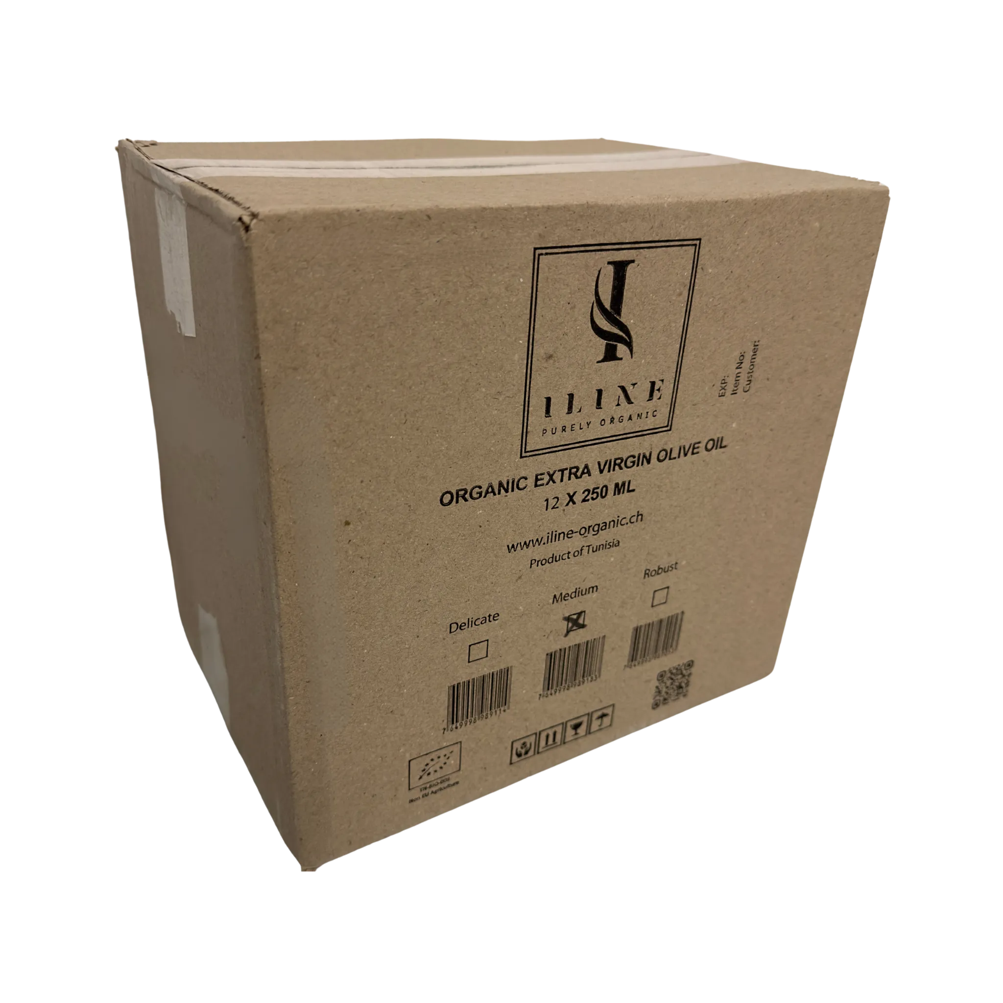Brauner Karton mit Iline Organic Logo, enthält 12 x 250 ml Bio-Olivenöl, Sorte „Medium“, mit Barcodes und EU-Bio-Logo, Verpackung für Großhandelslieferungen
