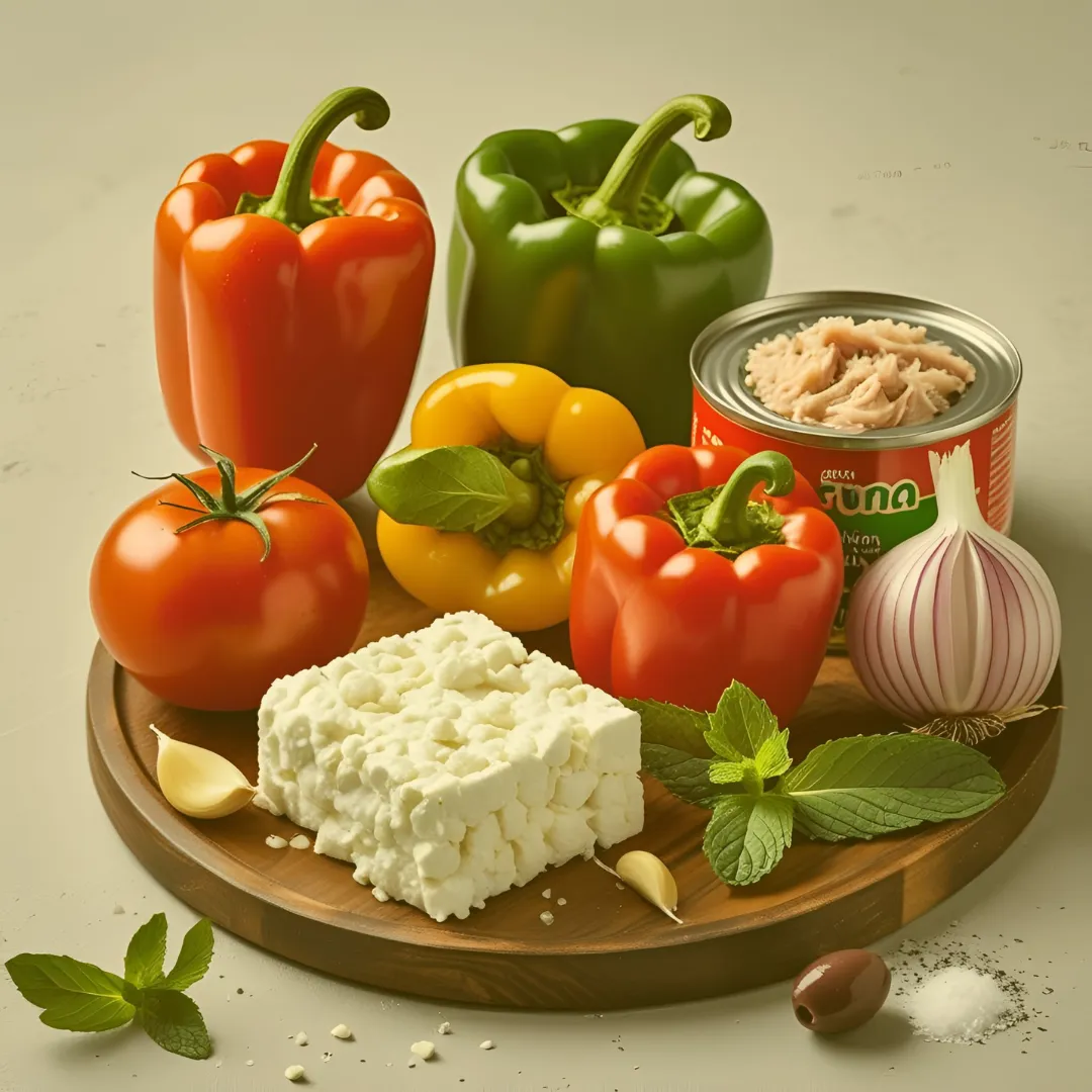Paprika, Tomaten, Feta, Knoblauch, Thunfisch und Olivenöl auf Holzbrett – Zutaten für Salade Mechouia