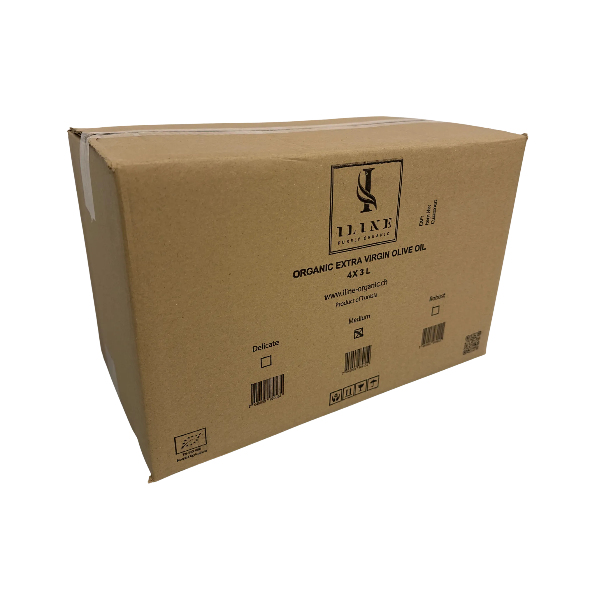 Brauner Karton mit Aufdruck von Iline Organic, enthält 4 x 3 Liter Bio-Olivenöl, Sorte „Medium“, mit Barcodes und EU-Bio-Logo, Verpackung für Großhandelslieferungen