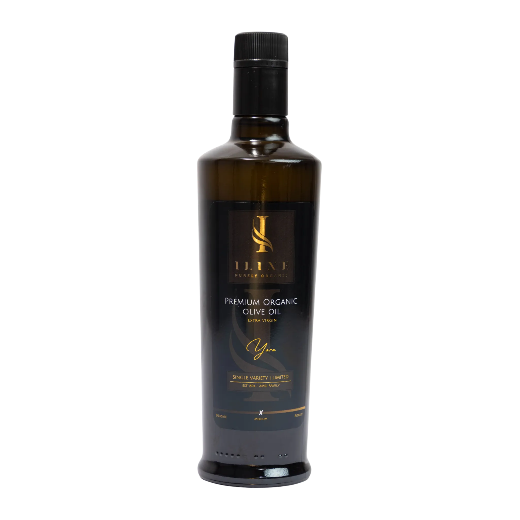 Dunkelgrüne 500 ml Flasche mit Yara Medium Bio-Olivenöl von Iline Organic, schwarzes Etikett mit Produktinformationen und Bio-Zertifizierungen