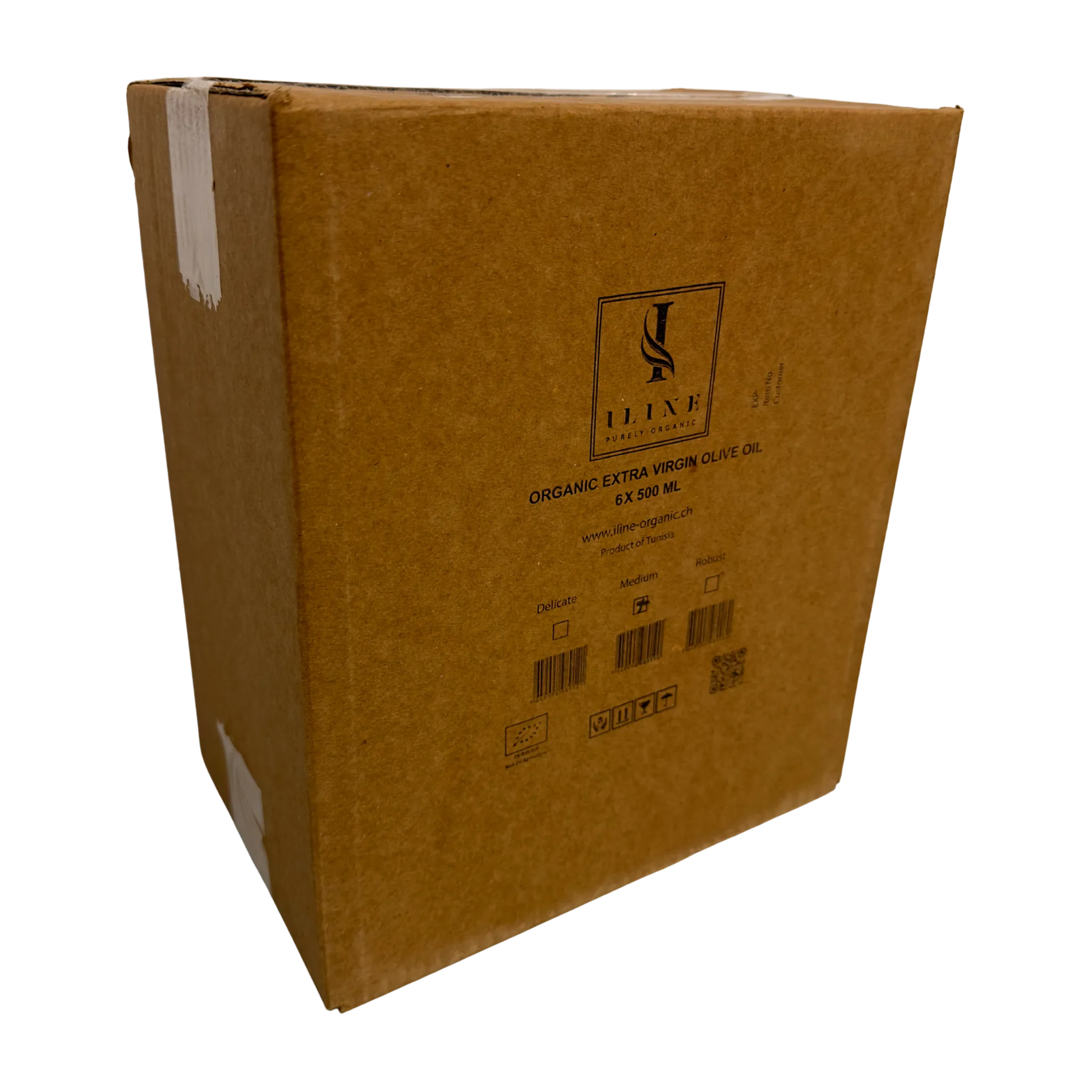 Brauner Karton mit Iline Organic Logo, enthält 6 x 500 ml Bio-Olivenöl, Sorte „Medium“, mit Barcodes und EU-Bio-Logo, Verpackung für Großhandelslieferungen