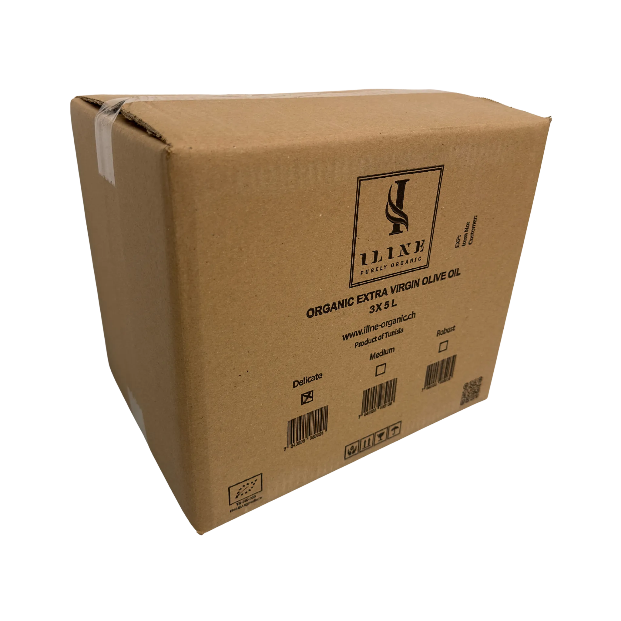 Brauner Karton mit Aufdruck von Iline Organic, enthält 3 x 5 Liter Bio-Olivenöl, Sorte „Delicate“, mit Barcodes und EU-Bio-Logo, Verpackung für Großhandelslieferungen