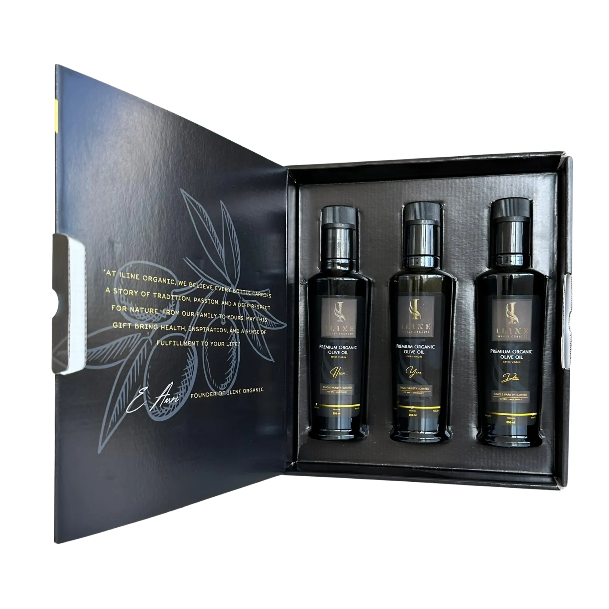 Geschenkset „Carthage“ mit 3×250 ml Bio-Olivenöl: Hana, Yara und Dalia