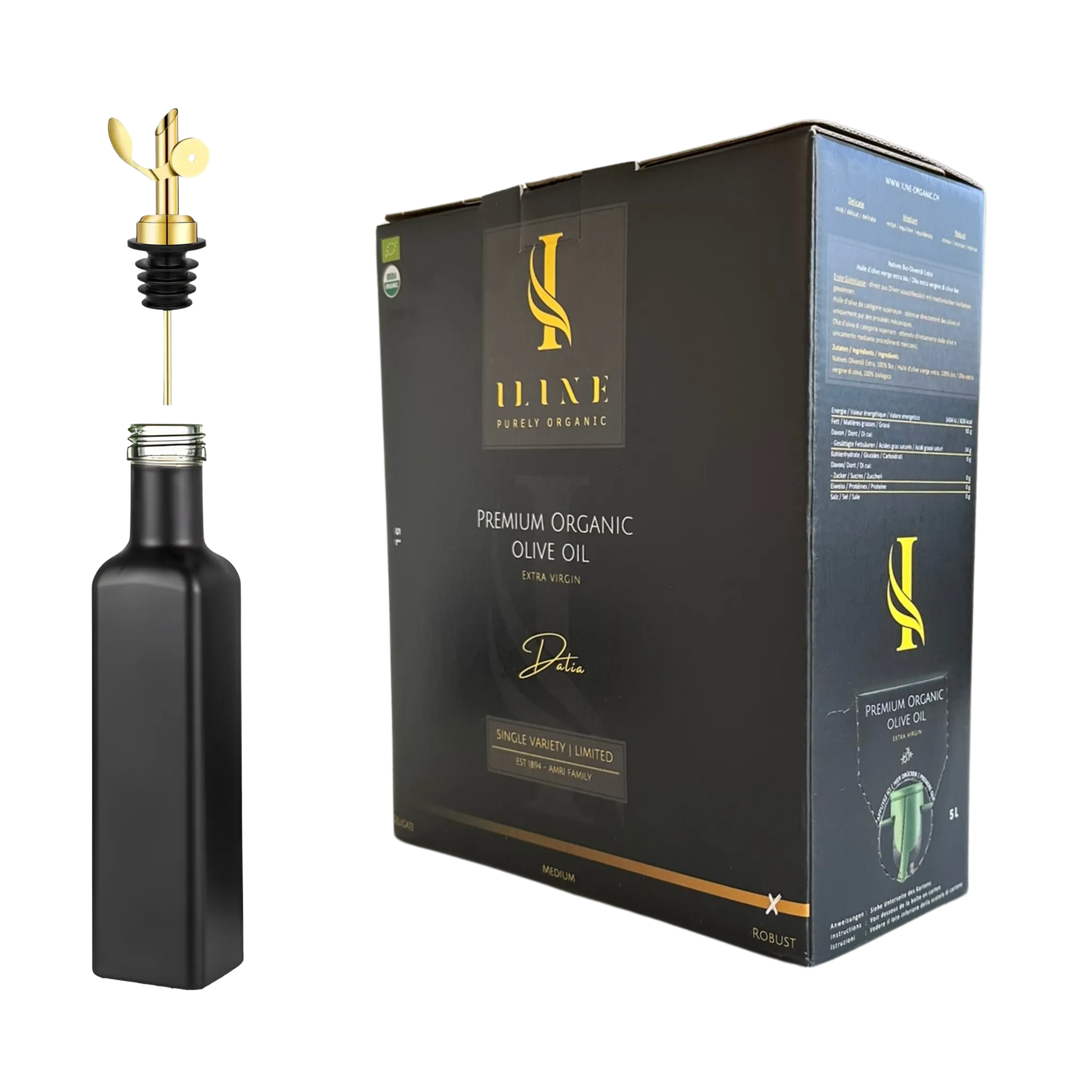 Refill-Set „Dalia“ mit 5 l BIB Bio-Olivenöl, Spezialflasche und Auslaufhahn