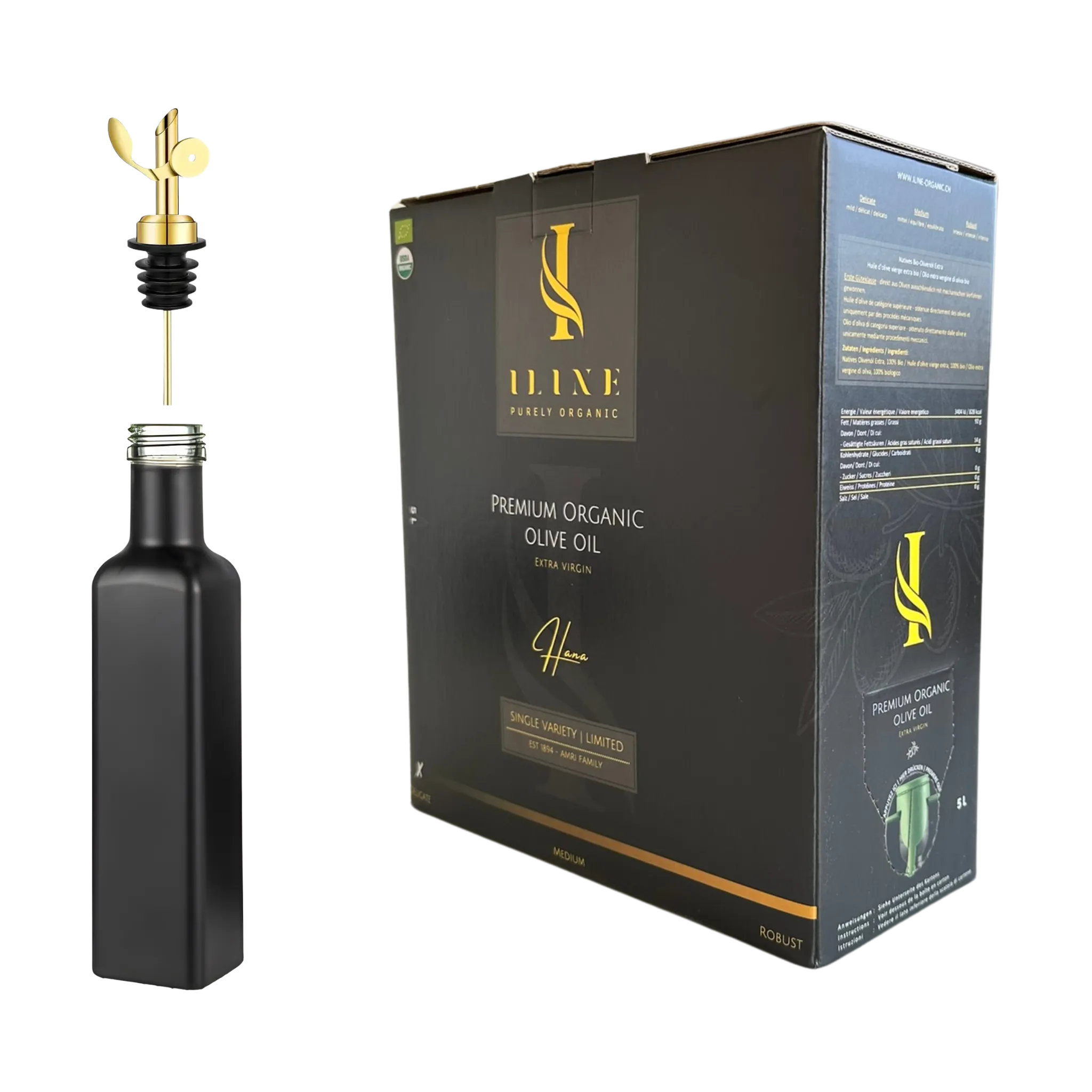 Refill-Set „Hana“ mit 5 l BIB Bio-Olivenöl, Spezialflasche und Auslaufhahn