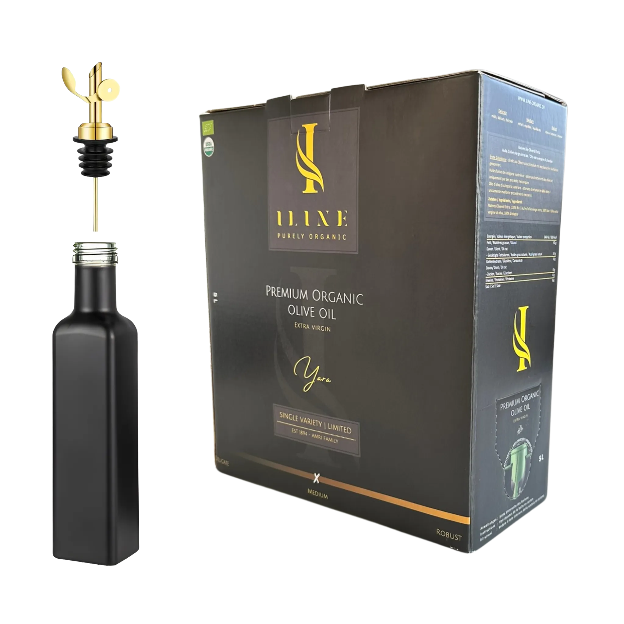 Refill-Set „Yara“ mit 5 l BIB Bio-Olivenöl, Spezialflasche und Auslaufhahn