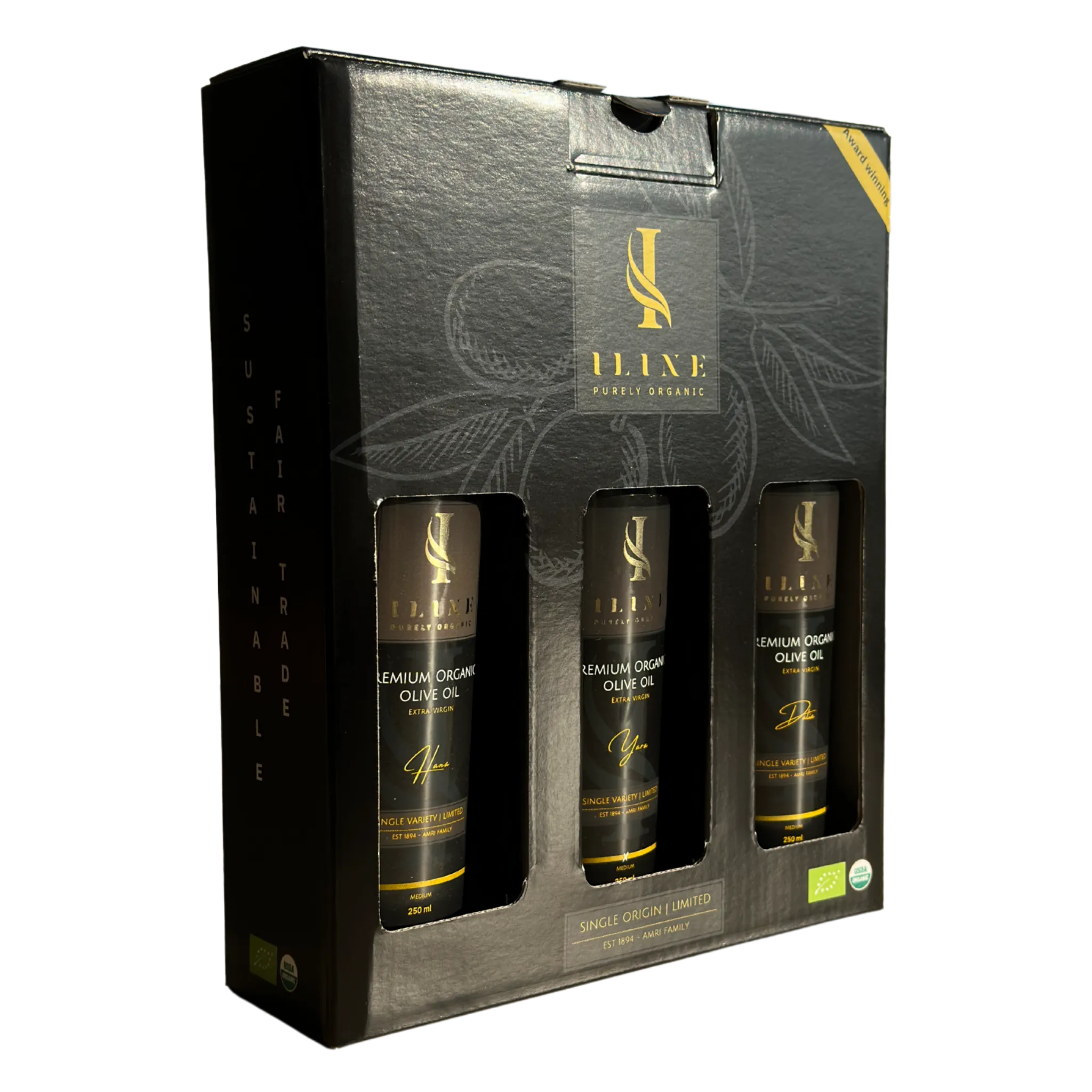 Geschenkset „La Marsa“ mit 3×250 ml Olivenöl: Hana, Yara und Dalia