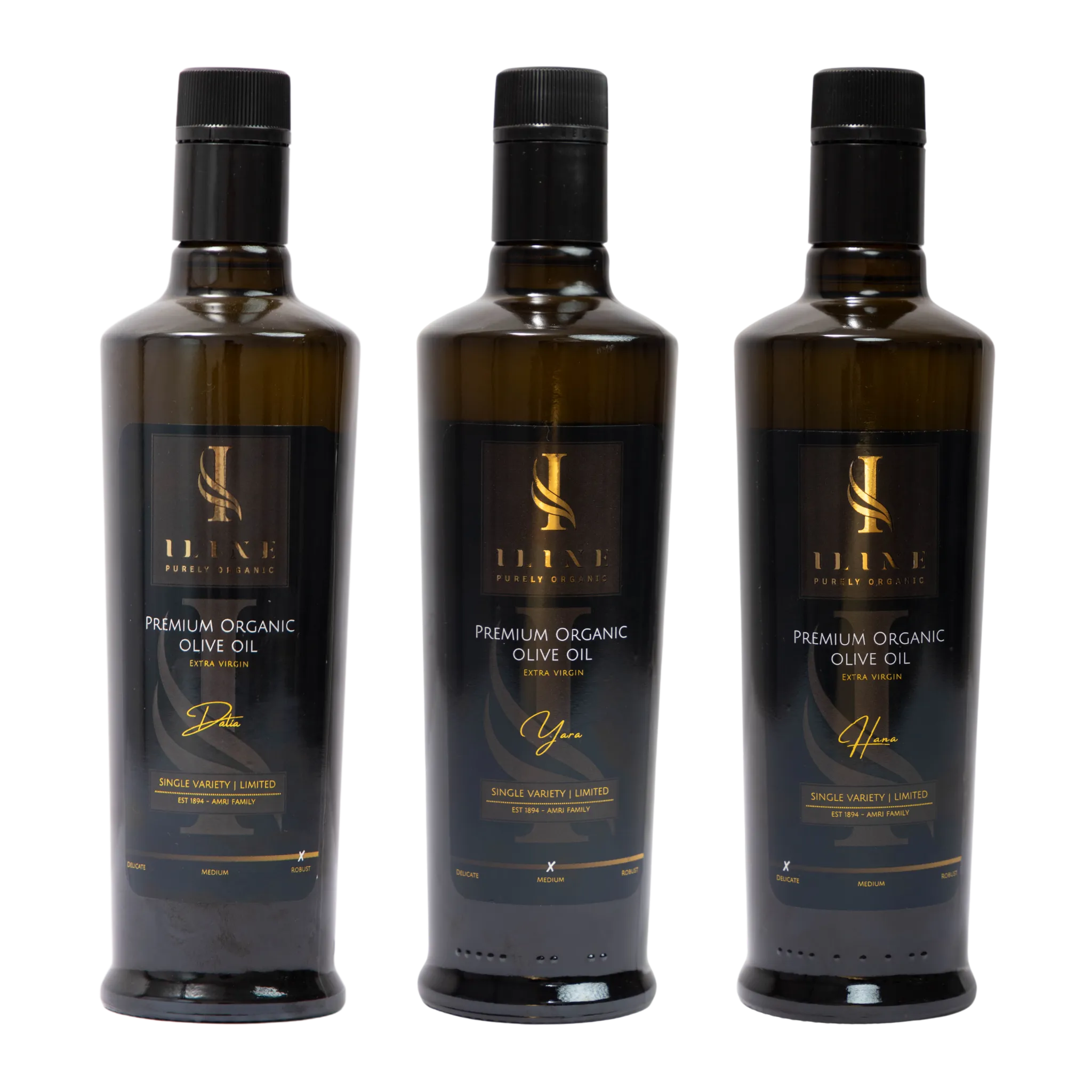 Set „The Basic“ mit 3×500 ml Bio-Olivenöl: Hana, Yara und Dalia