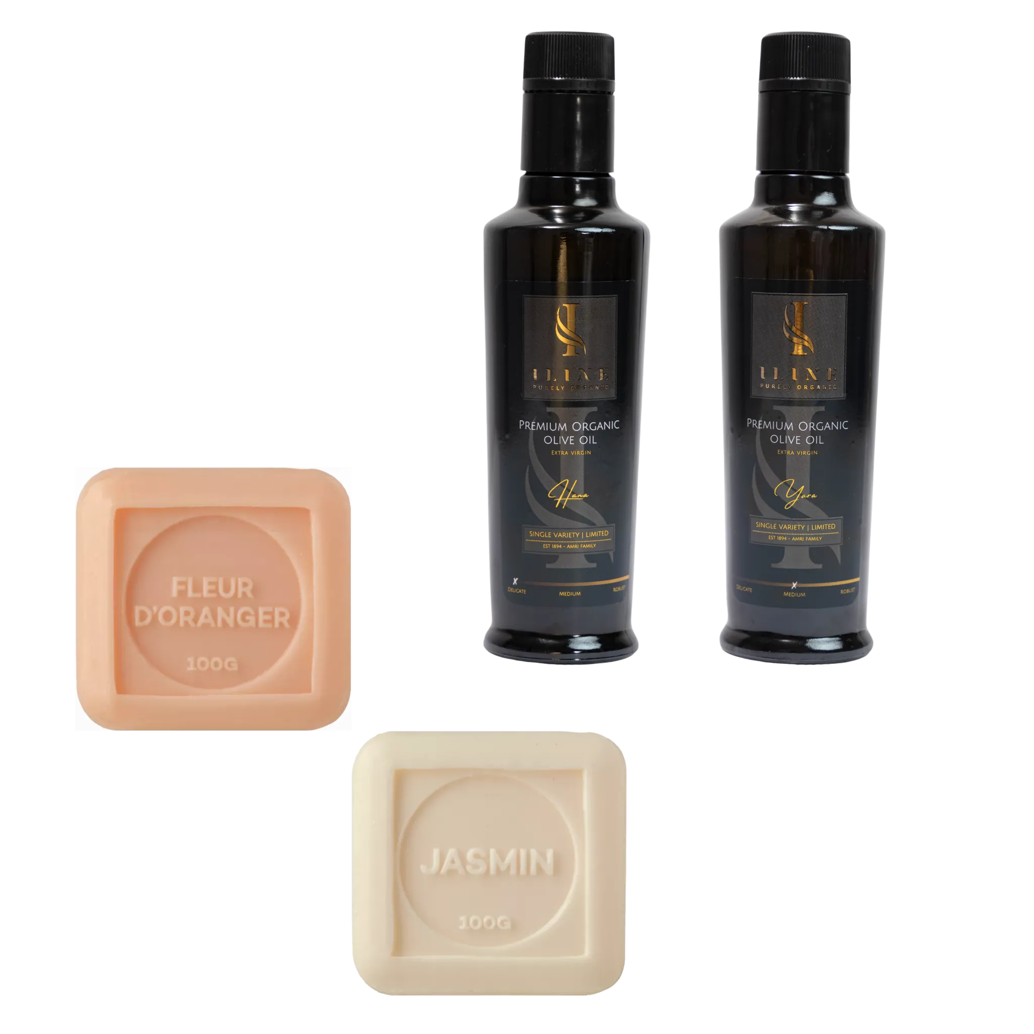 Geschenkset „The Bloom“ mit 2×250 ml Bio-Olivenöl (Hana, Yara) und 2 Seifen: Fleur d’oranger, Jasmin