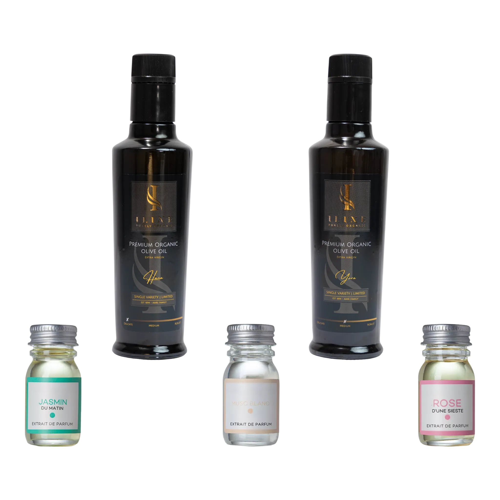 Geschenkset „The Essence“ mit 2×500 ml Bio-Olivenöl (Hana, Yara) und 3 Parfums: Jasmin, Musc, Rose