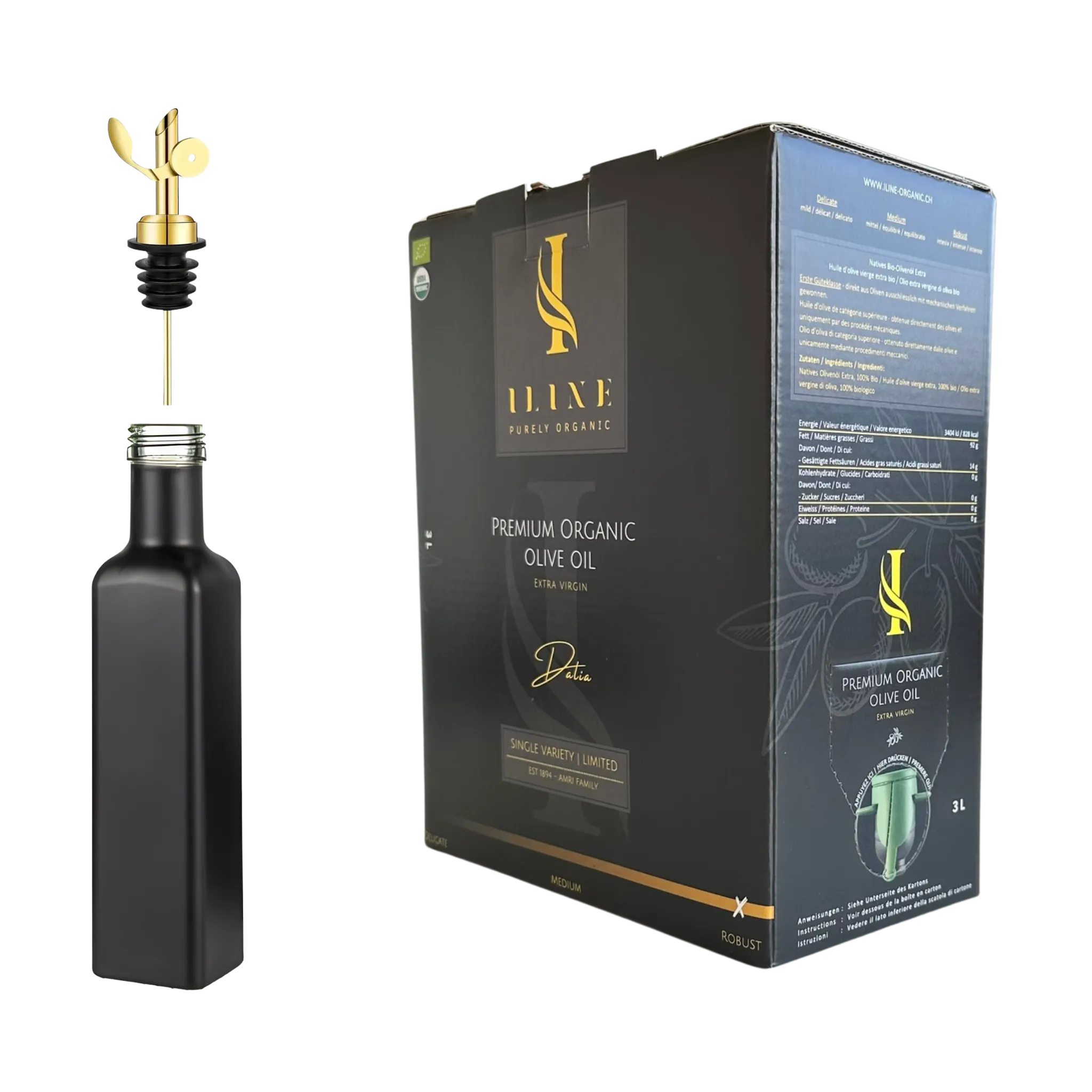 Bio-Olivenöl-Geschenkset „The Legacy“ mit leerer 250 ml Marascaflasche, Auslaufhahn und 3 l Bag-in-Box "Yara".