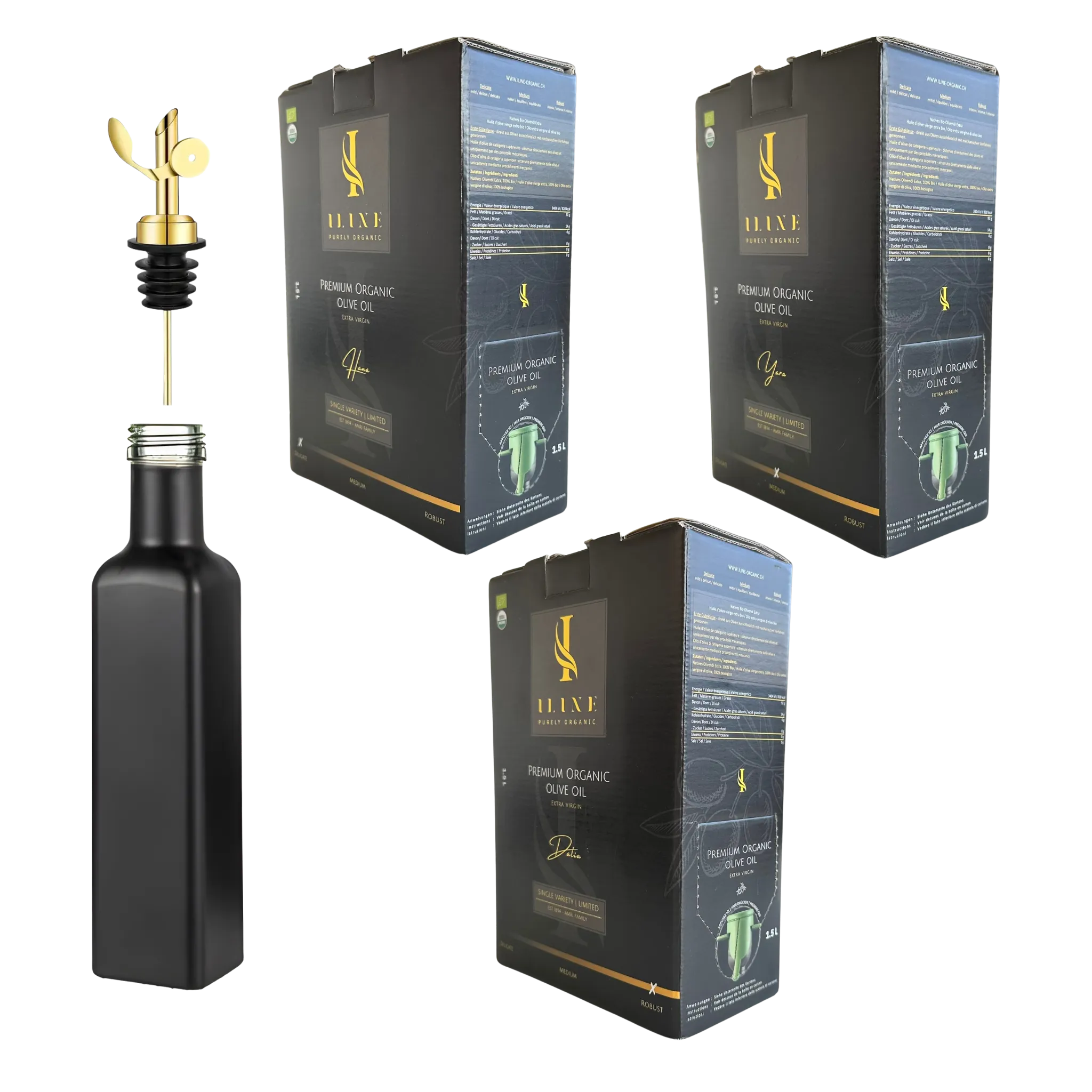 Drei Bag-in-Boxen à 1,5 l Bio-Olivenöl (Hana, Yara, Dalia) mit schwarzer Spezialflasche und goldenem Auslaufhahn als Geschenkset