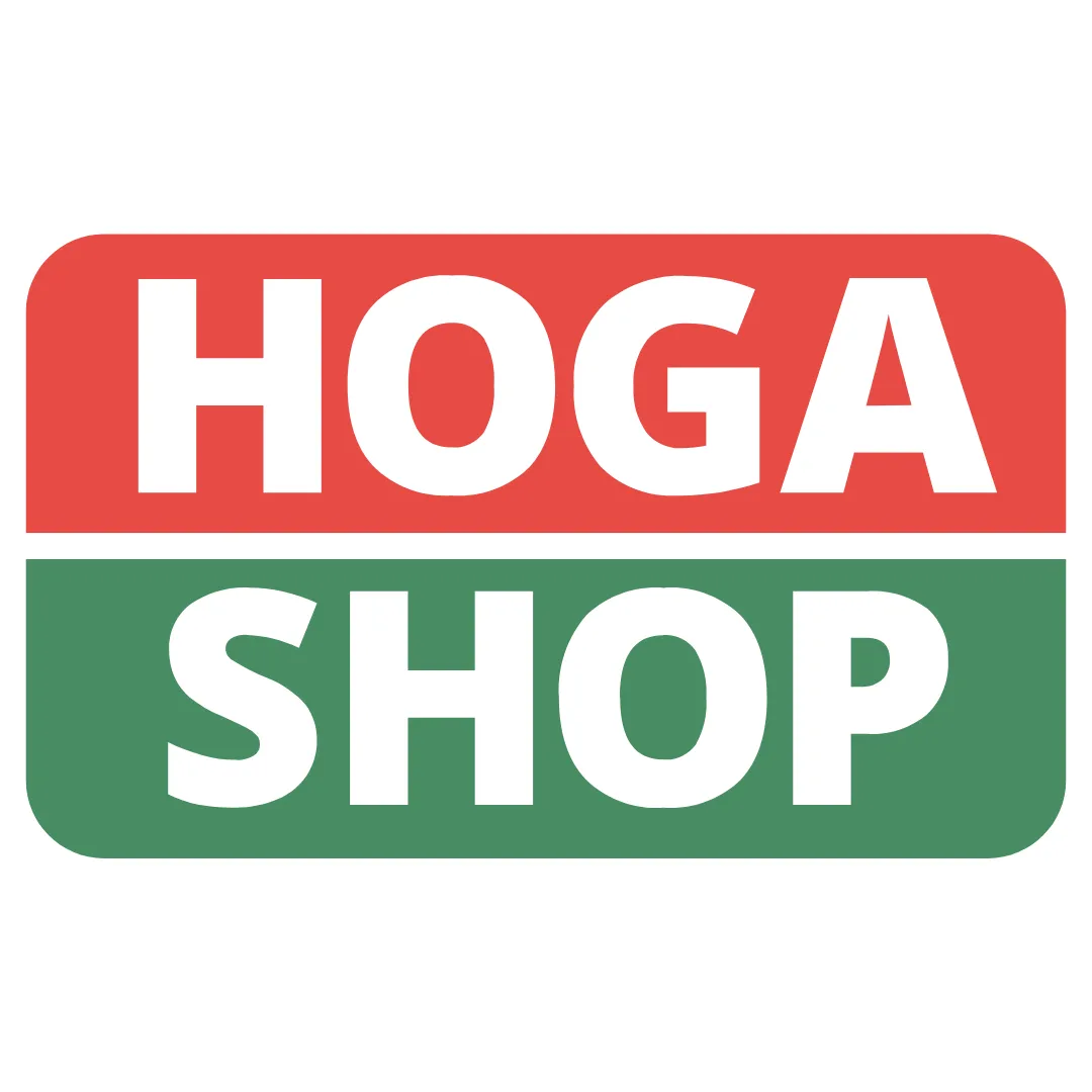 Logo von Hogashop, Partner von Iline Organic Grosshandel Hogashop Logo in weißen Buchstaben auf rot und grünem Hintergrund, Partner von Iline Organic im Bereich Grosshandel für Bio-Olivenöl