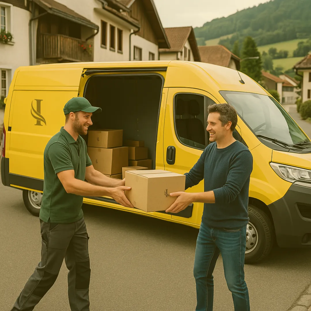 Zwei Männer bei der Übergabe eines Pakets vor einem gelben Lieferwagen mit Iline Organic Logo, Lieferung für gewerbliche Kunden mit flexiblen Konditionen und kostenfreier Lieferung ab 1 Palette, weltweiter Versand