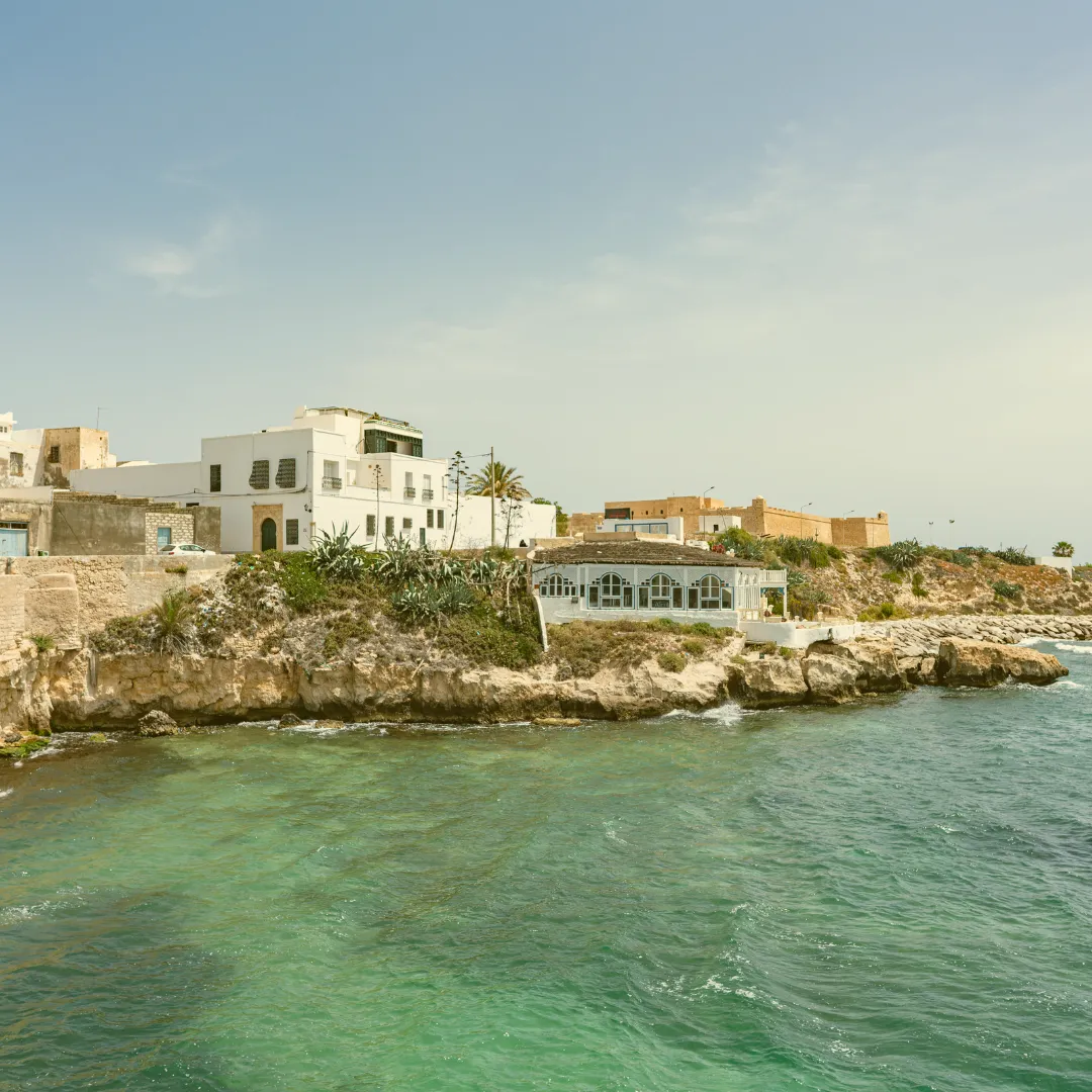 Mediterrane Küstenlandschaft mit weißen Häusern und Meer Blick auf eine mediterrane Küstenstadt mit Felsen, Meer und weißen Häusern im sonnigen Tageslicht, symbolisch für die Herkunft des tunesischen Olivenöls.