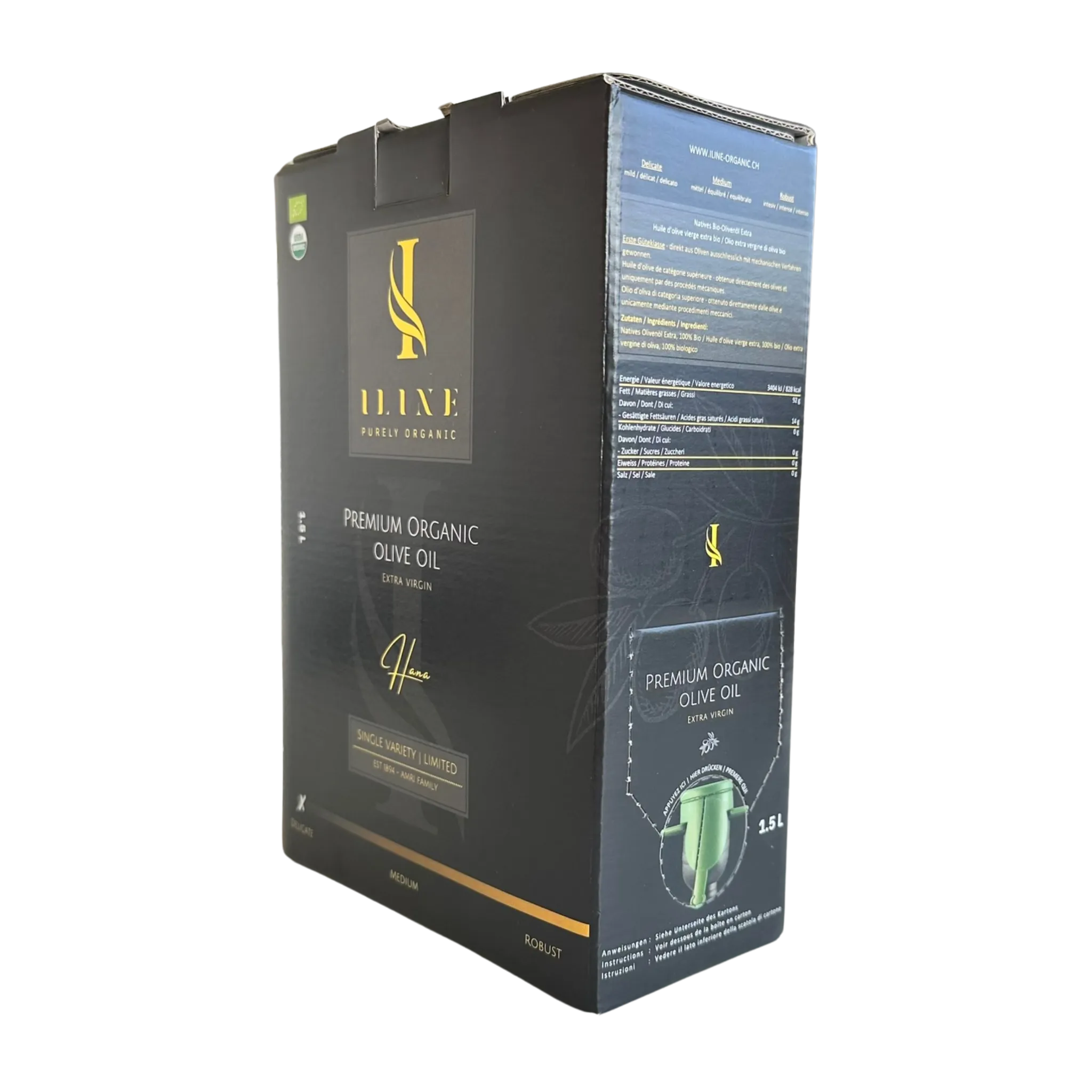 Schwarze Bag-in-Box Verpackung mit Iline Organic Logo und Beschriftung „Premium Organic Olive Oil, Dalia, Robust“, 1,5 Liter Bio-Olivenöl, mit Produkt- und Nährwertangaben