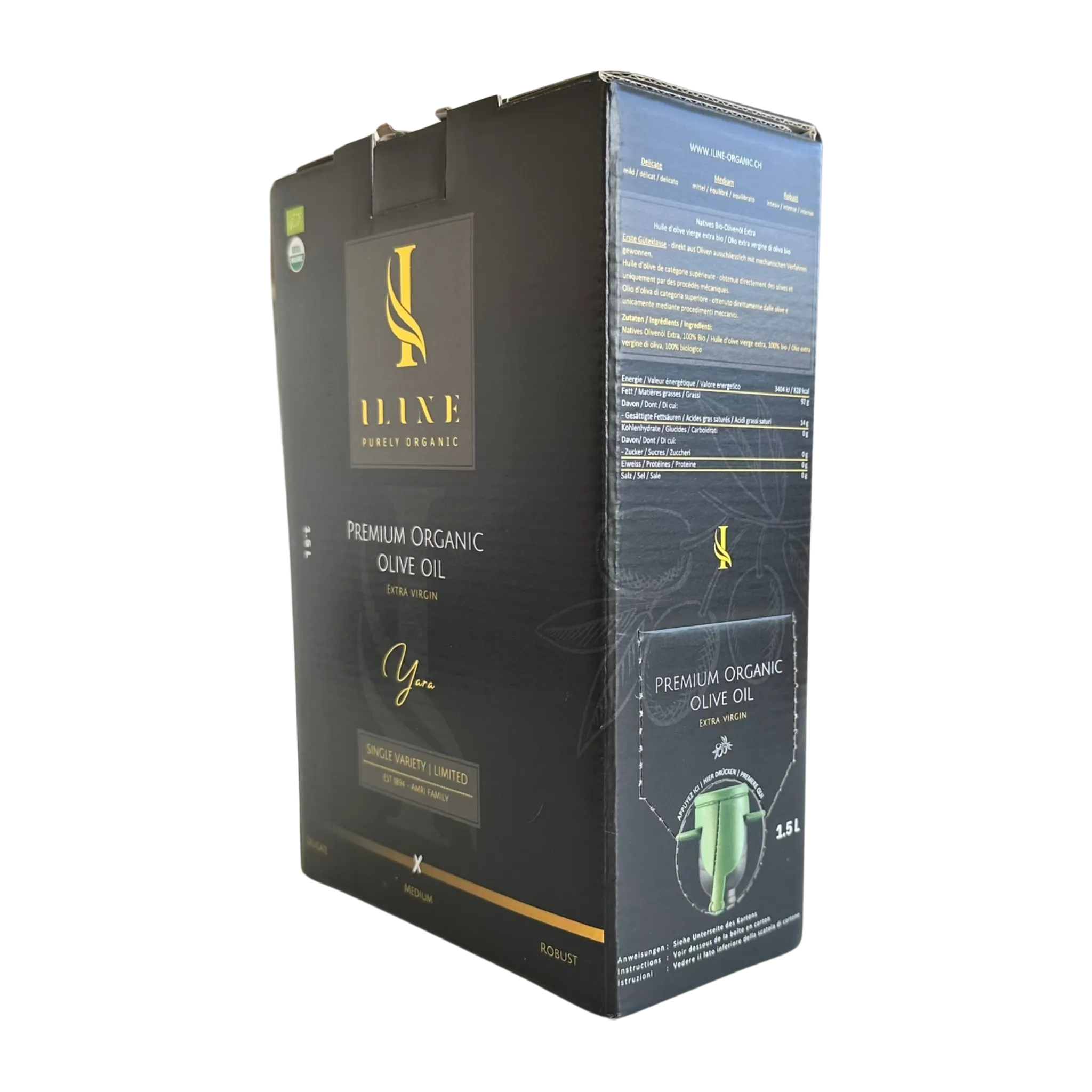 Schwarze Bag-in-Box Verpackung mit Iline Organic Logo und Beschriftung „Premium Organic Olive Oil, Yara, Medium“, 1,5 Liter Bio-Olivenöl, mit Produkt- und Nährwertangaben