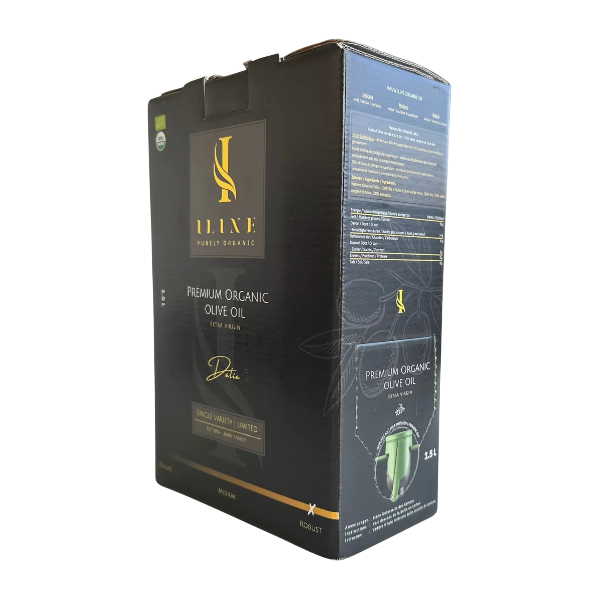 Schwarze Bag-in-Box Verpackung mit Iline Organic Logo und Beschriftung „Premium Organic Olive Oil, Dalia, Robust“, 1,5 Liter Bio-Olivenöl, mit Produkt- und Nährwertangaben