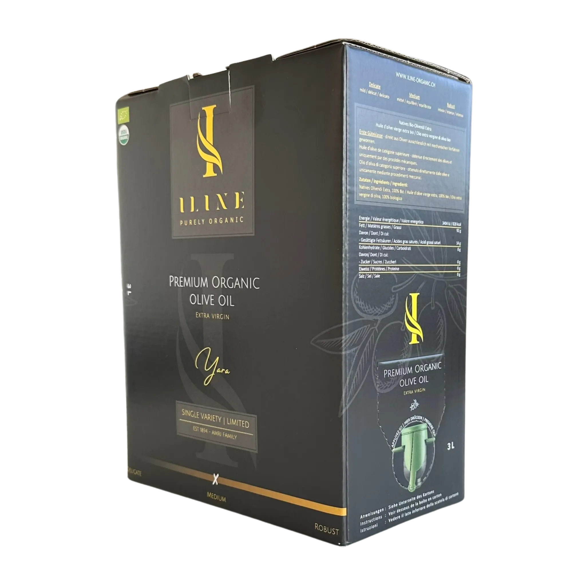 Schwarze Bag-in-Box Verpackung mit Iline Organic Logo und Beschriftung „Premium Organic Olive Oil, Yara, Medium“, 3 Liter Bio-Olivenöl, mit Produkt- und Nährwertangaben