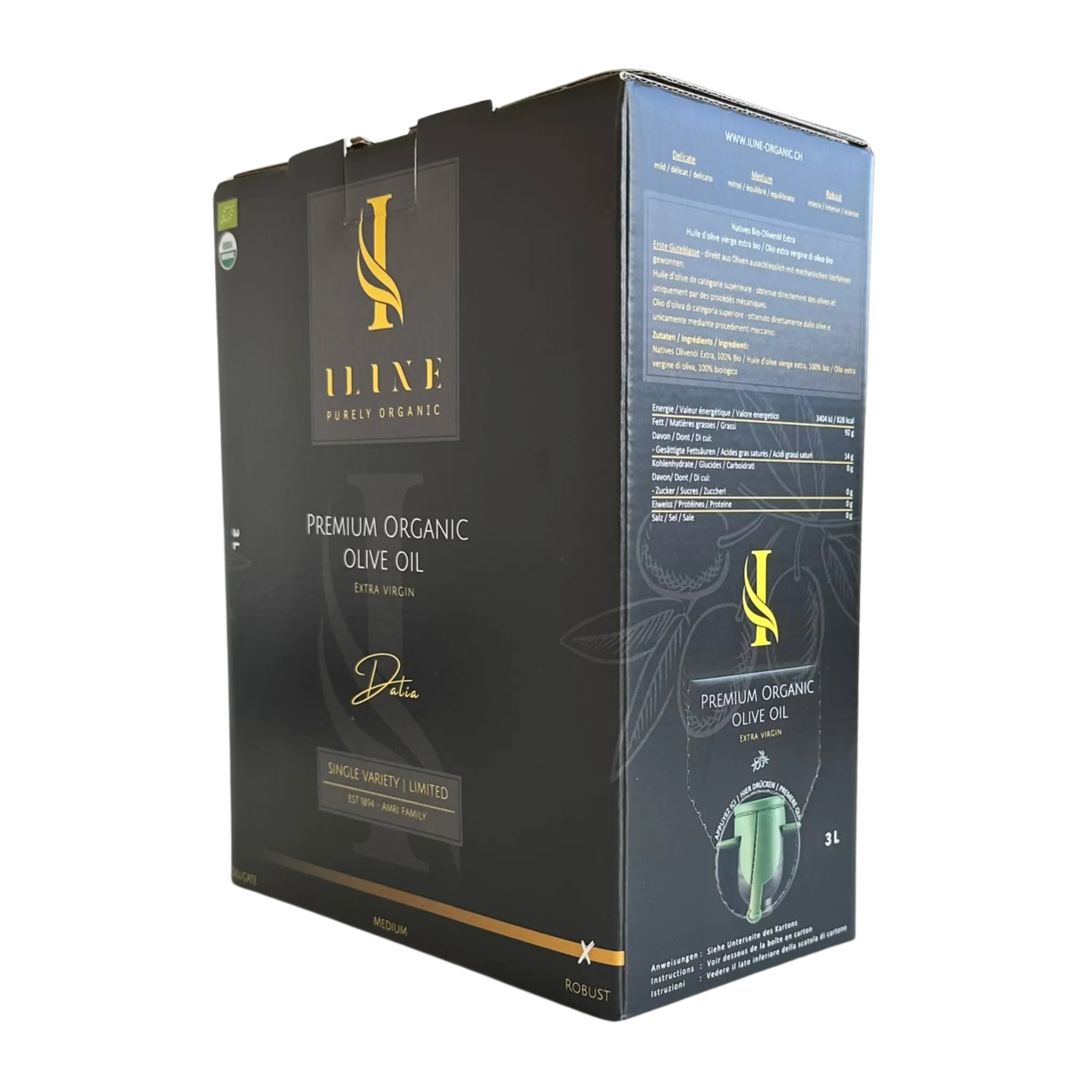 Schwarze Bag-in-Box Verpackung mit Iline Organic Logo und Beschriftung „Premium Organic Olive Oil, Dalia, Robust“, 3 Liter Bio-Olivenöl, mit Produkt- und Nährwertangaben