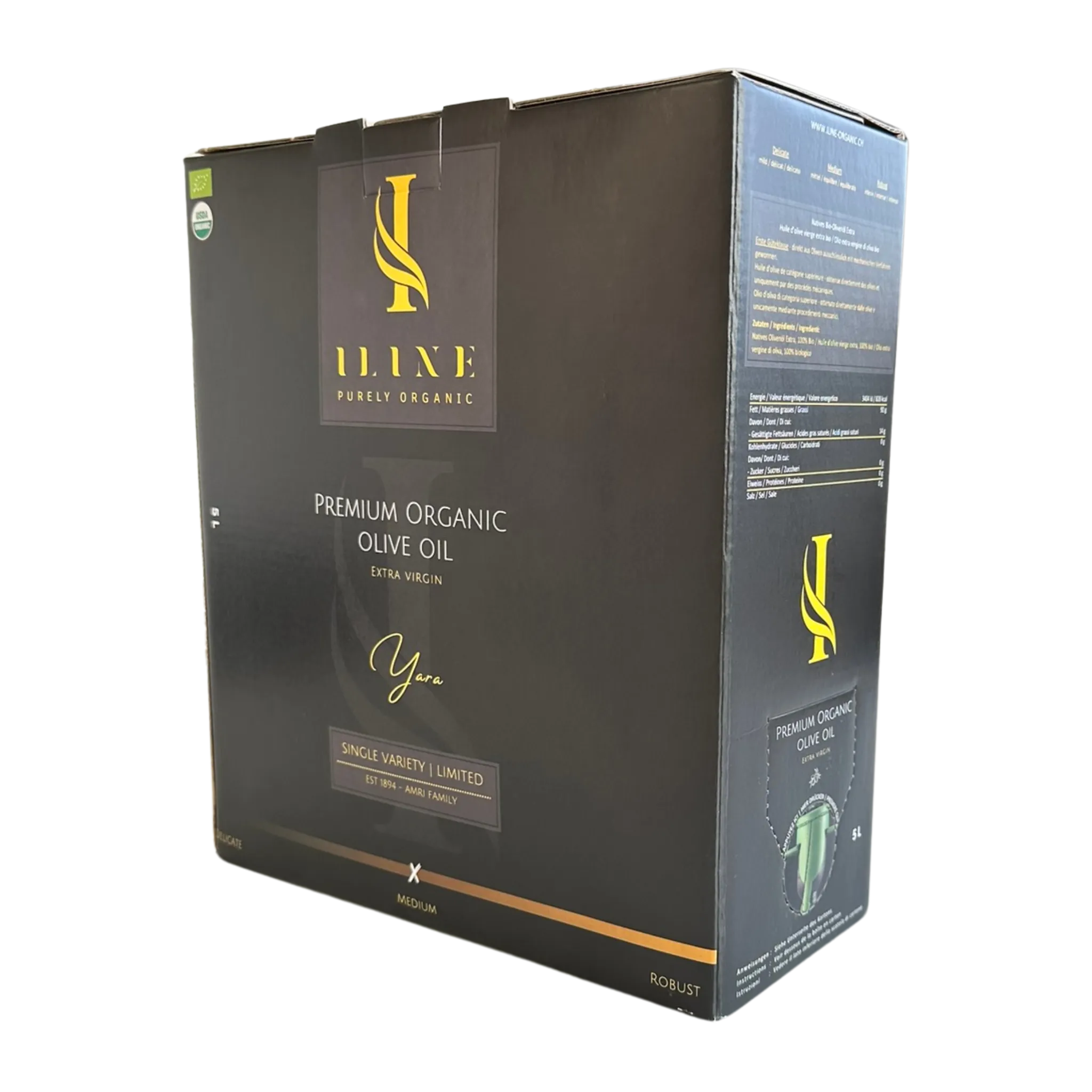 Schwarze Bag-in-Box Verpackung mit Iline Organic Logo und Beschriftung „Premium Organic Olive Oil, Yara, Medium“, 5 Liter Bio-Olivenöl, mit Produkt- und Nährwertangaben