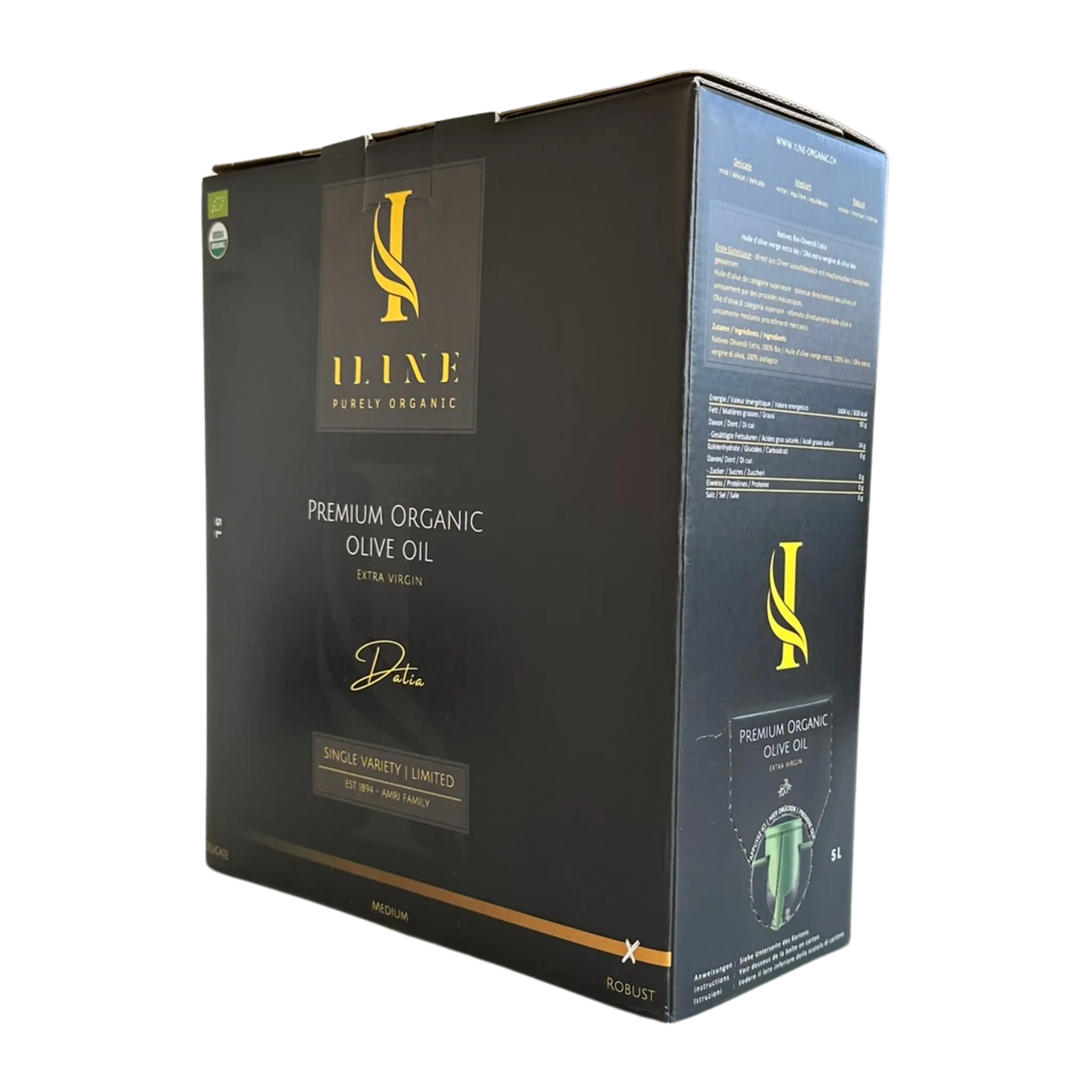 Schwarze Bag-in-Box Verpackung mit Iline Organic Logo und Beschriftung „Premium Organic Olive Oil, Dalia, Robust“, 5 Liter Bio-Olivenöl, mit Produkt- und Nährwertangaben