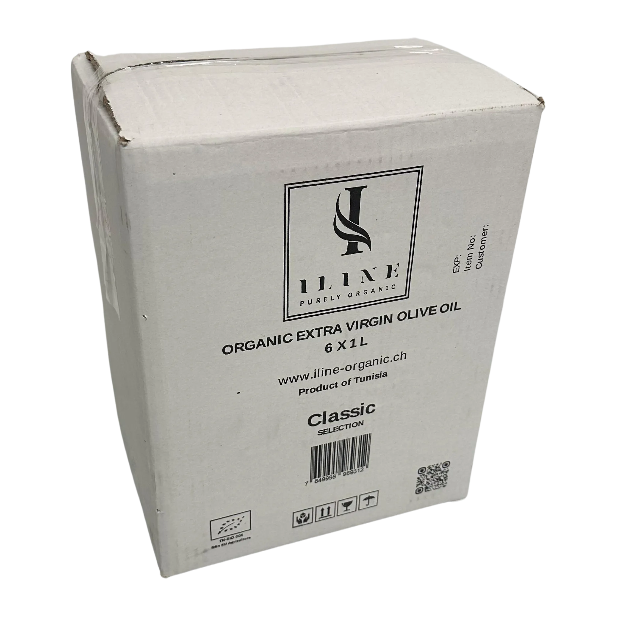 Karton mit 6 x 1 Liter Classic Bio-Olivenöl für Gastronomie & Großhandel Weißer Karton mit Iline Organic Logo, enthält 6 x 1 Liter Classic Bio-Olivenöl, mit Barcodes, EU-Bio-Logo und QR-Code, Verpackung für Gastronomie und Großhandel