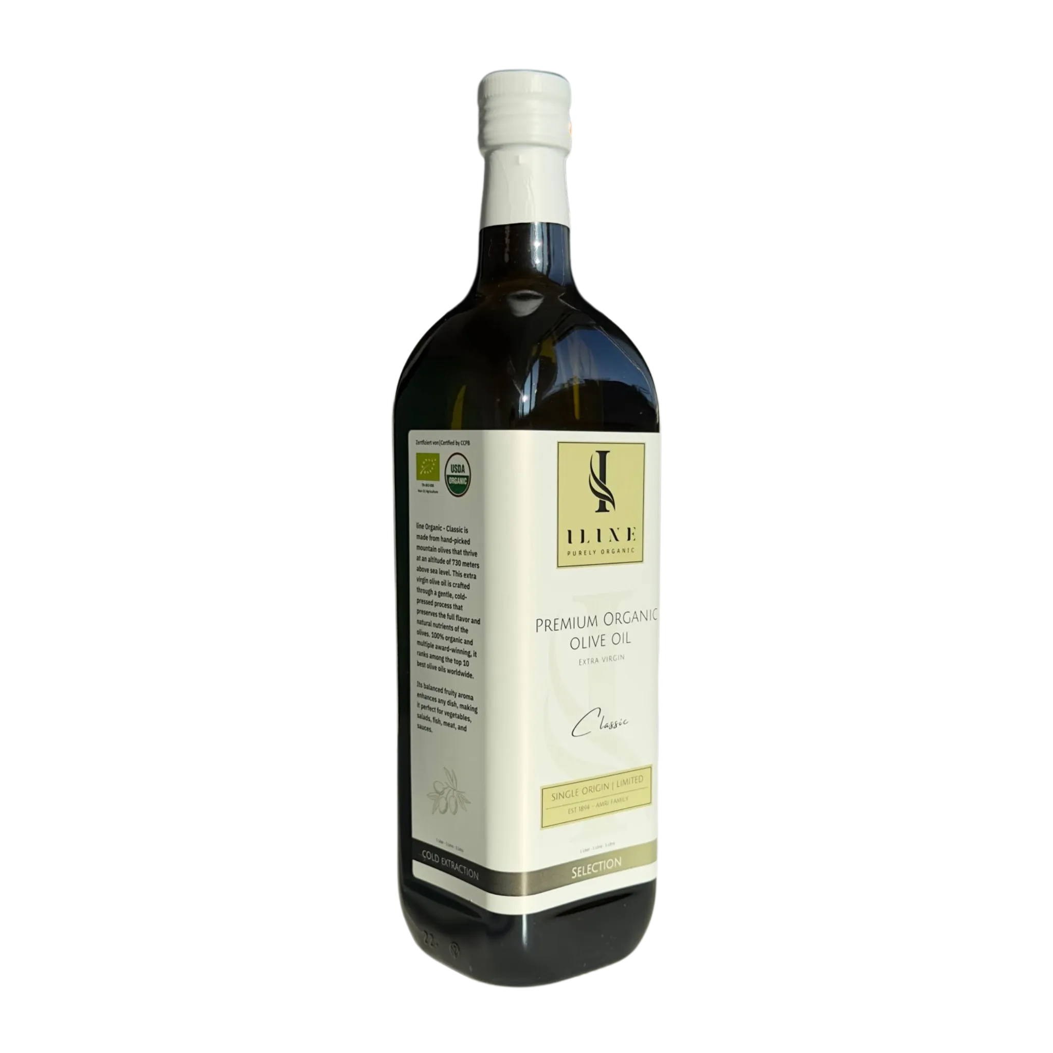 Classic Bio-Olivenöl 250 ml Flasche Dunkelgrüne 250 ml Flasche mit Classic Bio-Olivenöl von Iline Organic, weißes Etikett mit Produktinformationen und Bio-Zertifizierungen