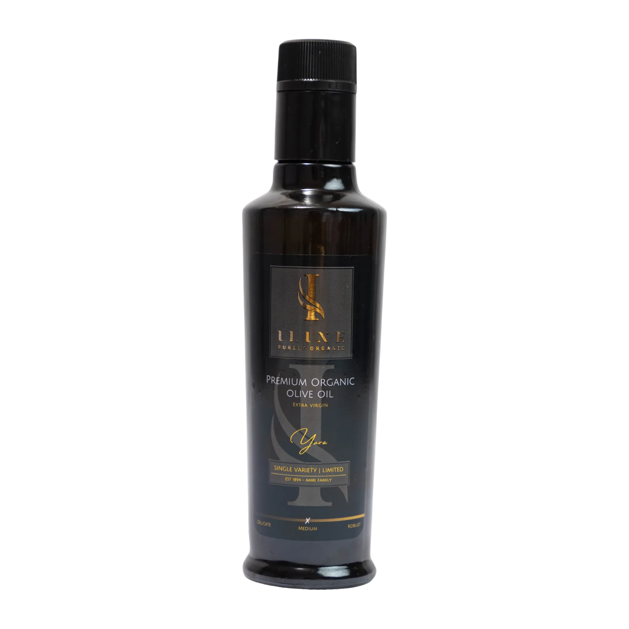 Schwarze 250 ml Flasche mit Yara Medium Bio-Olivenöl von Iline Organic, schwarzes Etikett mit Produktinformationen und Bio-Zertifizierungen