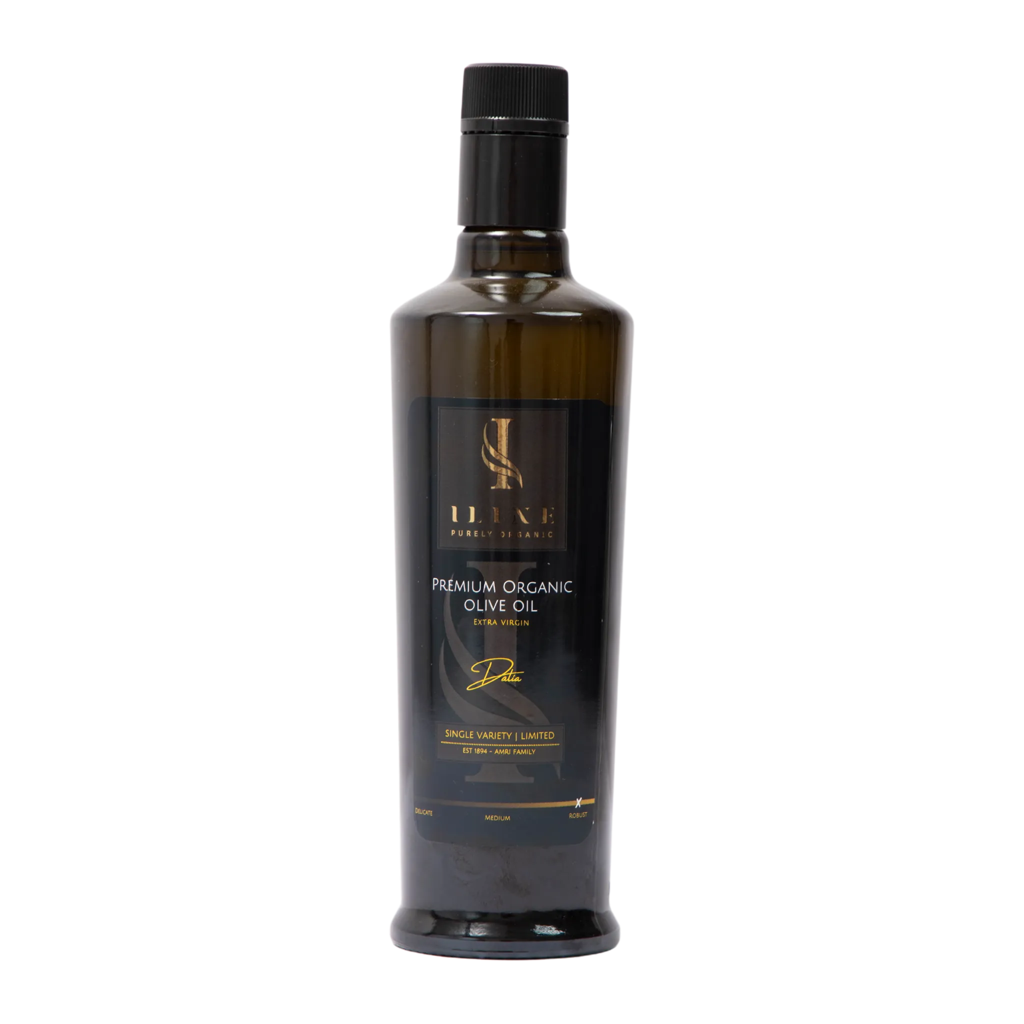 500 ml Flasche Dalia Robust Bio-Olivenöl von Iline Organic auf Holzplatte mit Olivenzweigen	