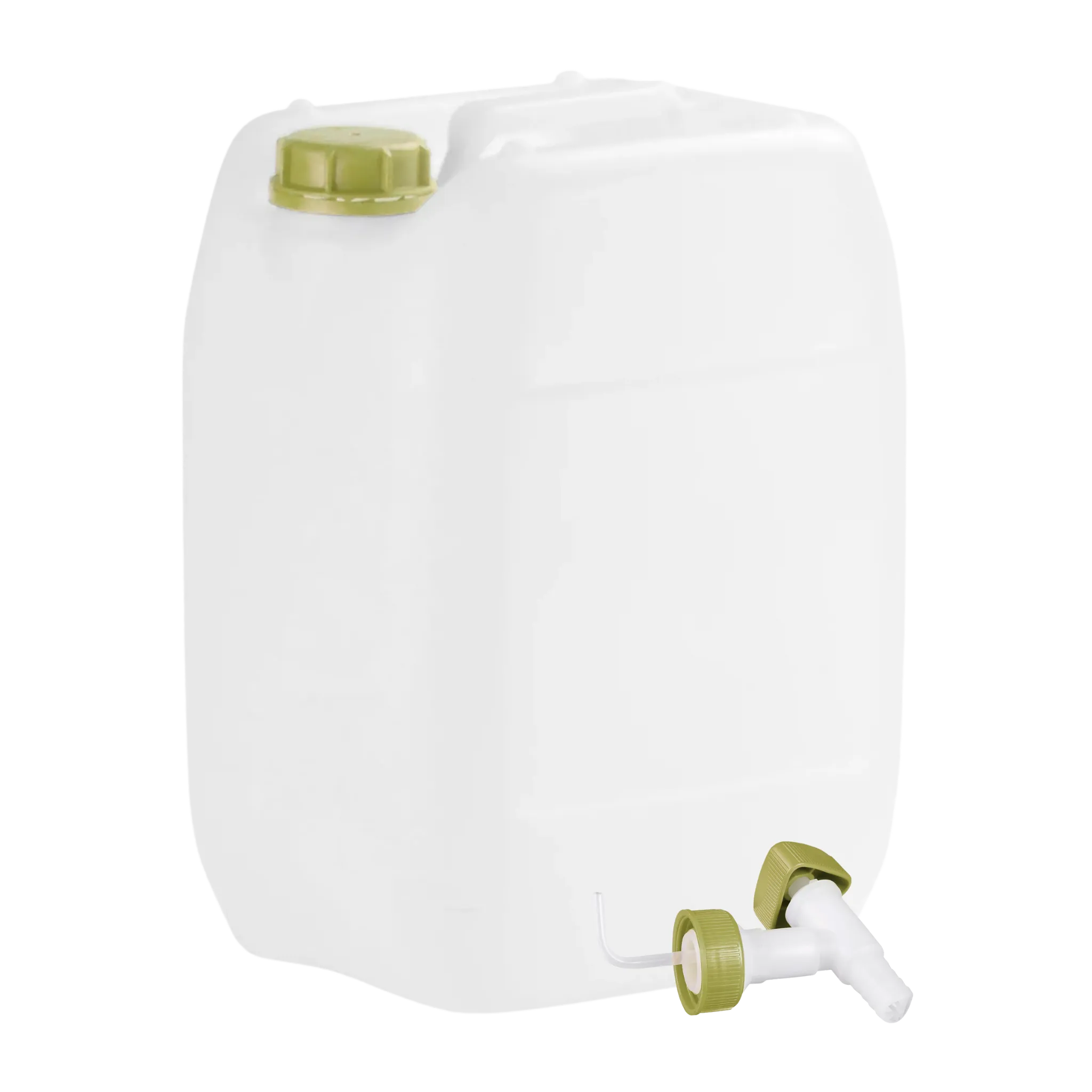 Weißer Kunststoffkanister mit grünem Verschluss und Ausgießer, 20 Liter Fassungsvermögen, für Bio-Olivenöl, Verpackung für Gastronomie und Großhandel