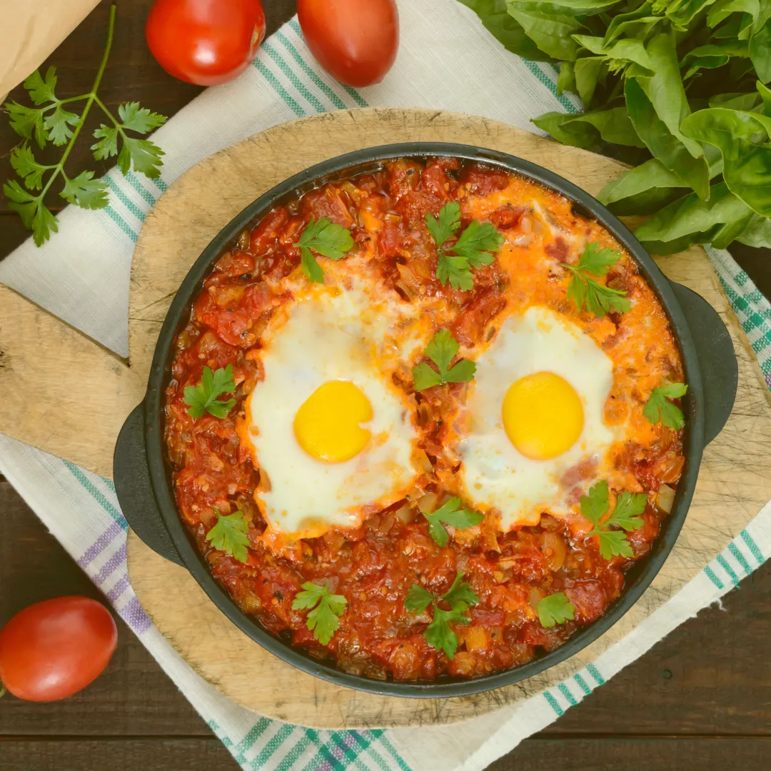 Shakshuka mit zwei Spiegeleiern in würziger Tomatensauce, serviert in einer schwarzen Pfanne