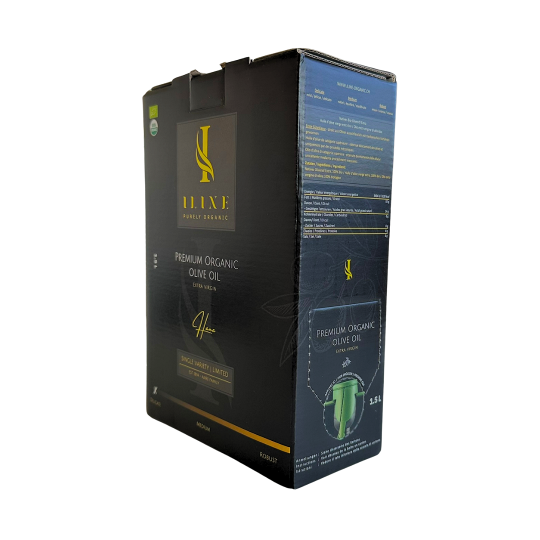 Hana Mild Organic Olive Oil – 1.5L Bag-in-Box – Iline Organic