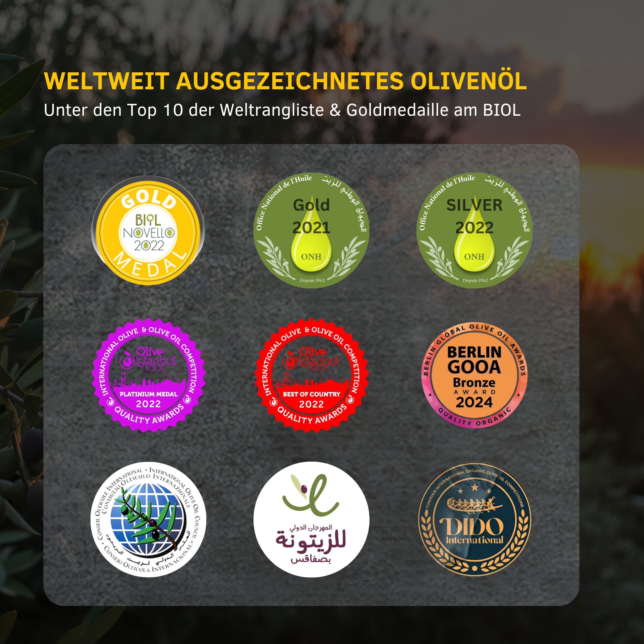 Mehrfach prämiertes Iline Organic Bio-Olivenöl mit internationalen Gold-, Silber- und Bronze-Auszeichnungen, darunter BIOL Goldmedaille und Berlin GOOA Award.