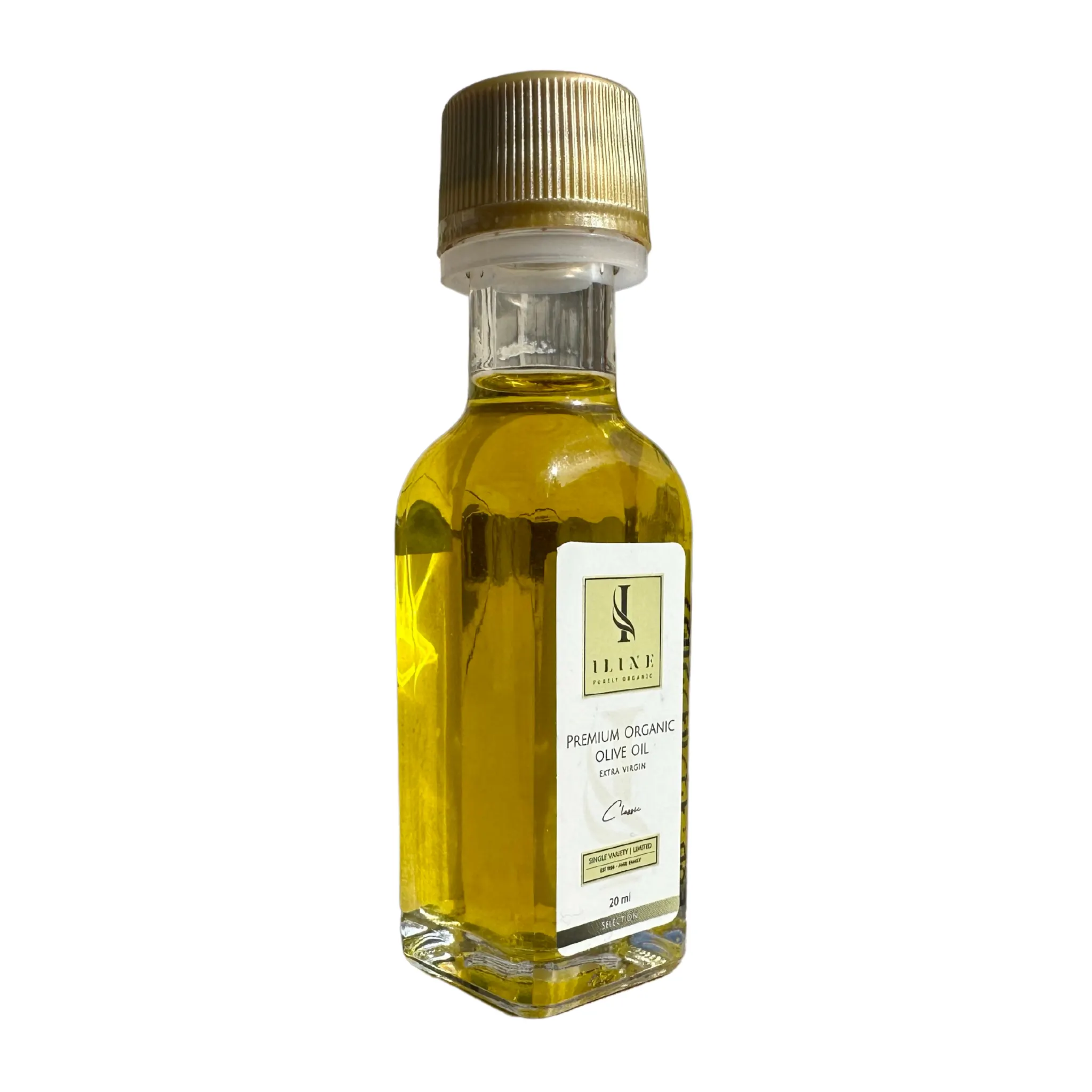 Dunkelgrüne 1000 ml Flasche mit Classic Bio-Olivenöl von Iline Organic, weißes Etikett mit Produktinformationen und Bio-Zertifizierungen