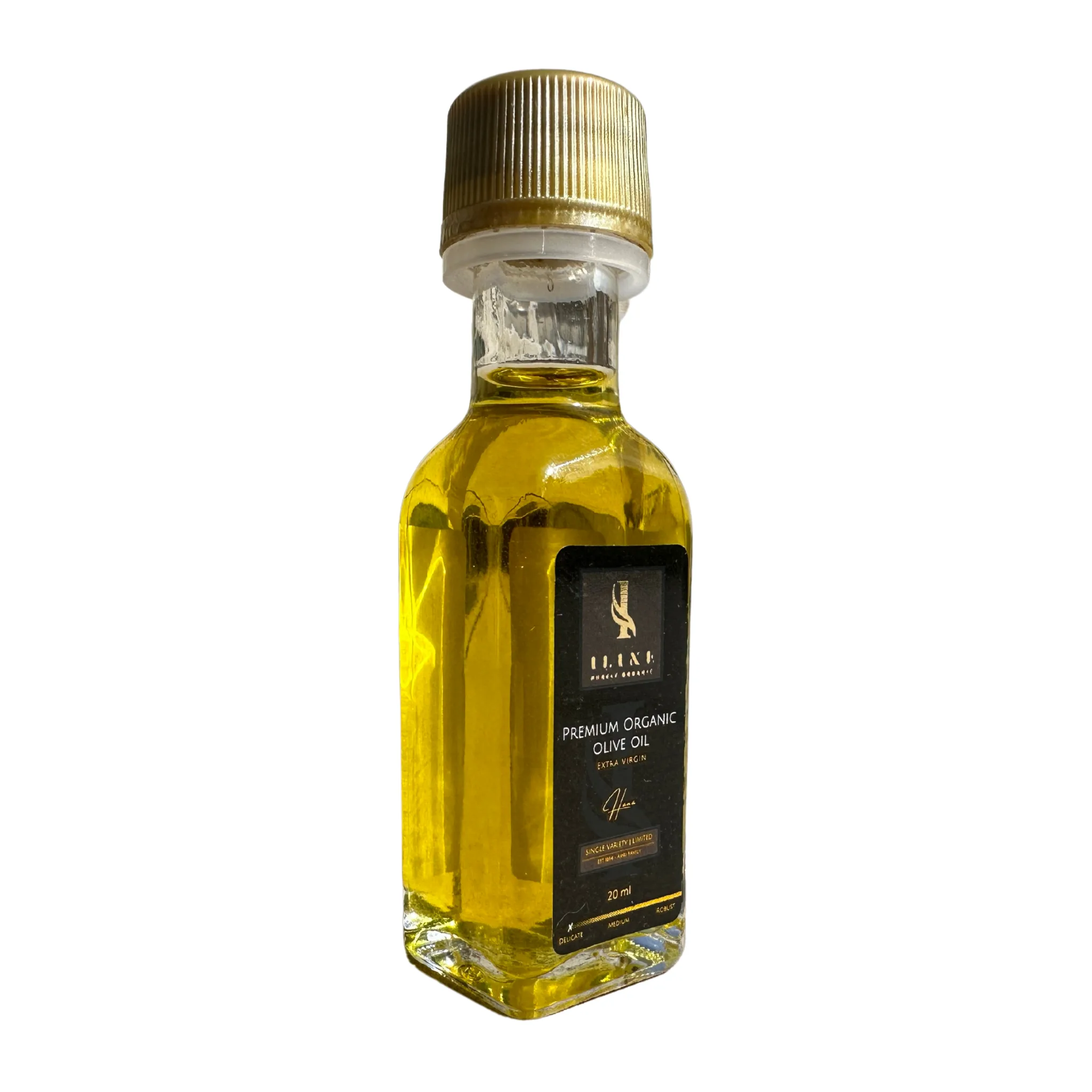 20 ml Musterflasche Hana - Delicate Bio-Olivenöl von Iline Organic mit weissem Hintgerund