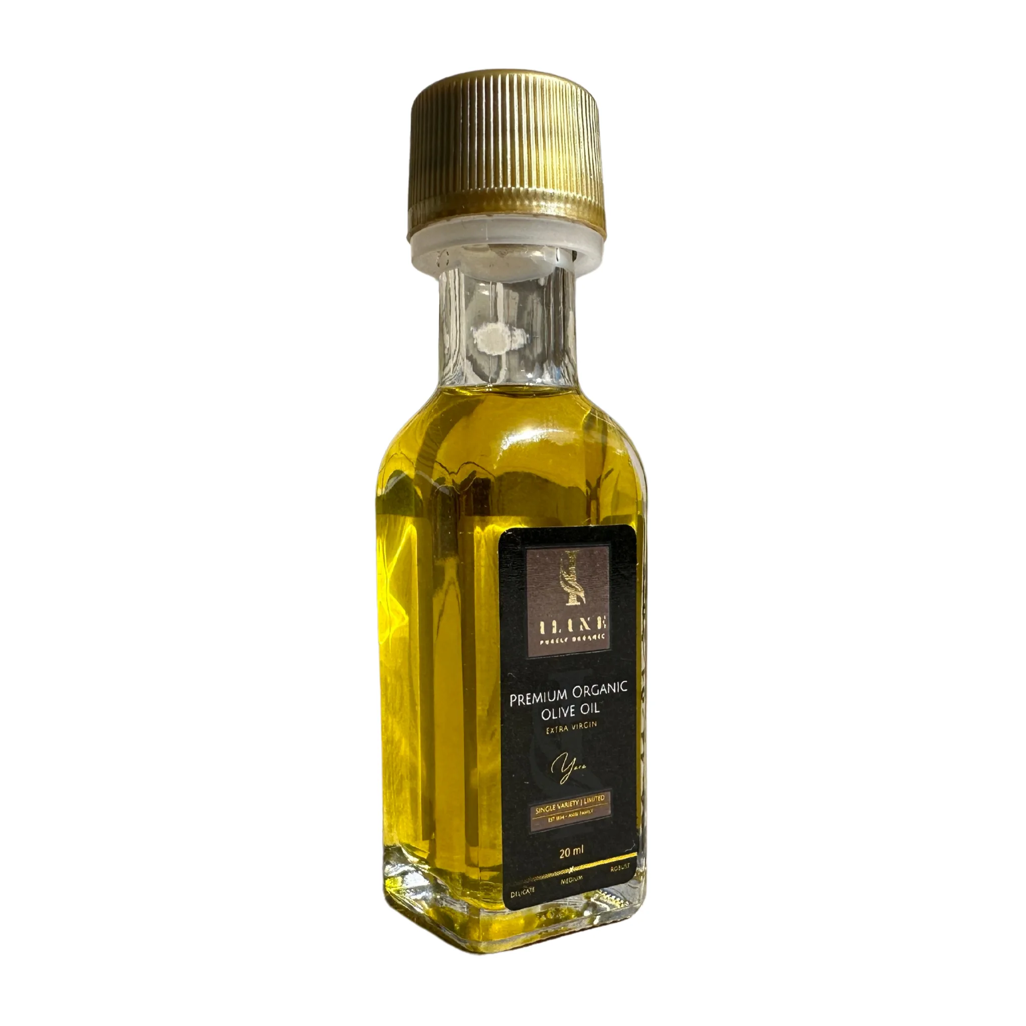 20 ml Musterflasche Yara - Medium Bio-Olivenöl von Iline Organic mit weissem Hintgerund